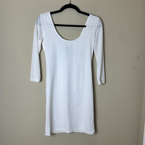 FOREVER 21 Sheer Stripe Body Con Low Back White Dress Size Medium - Picture 2 of 7
